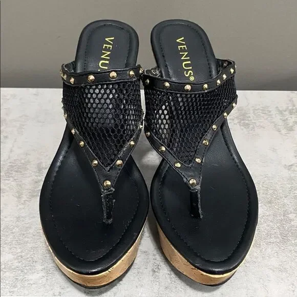 VENUS Black and Tan Beaded Mesh Wedge Sandals Size 8 - Picture 2 of 13